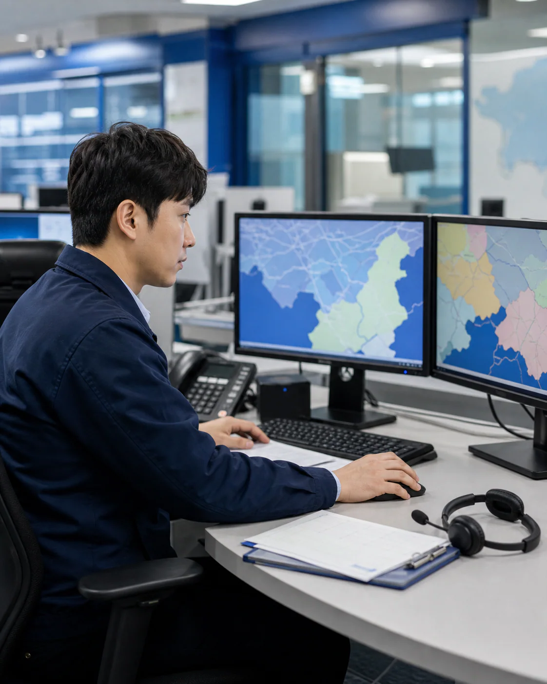 운영실에서 운행 경로와 배차 일정을 확인하는 담당자